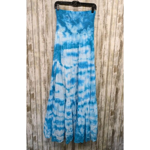 Michael Kors Tiered Maxi Dress Strapless Smocked Blue Tie Dye 100% Cotton Small - Picture 1 of 9